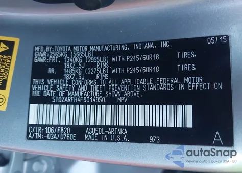 2015 Toyota Highlander Le from USA, damaged, VIN 5TDZARFH4FS014950